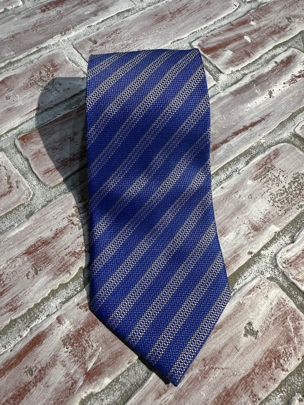 NWT Vintage Dino Bassi Blue Grey Diagonally Striped Micro-woven Geometric Tie